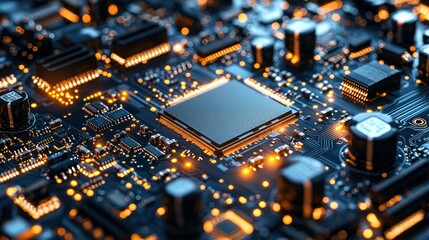 Close-up of a Circuit Board's intricate design, showcasing its technological marvel with glowing components.