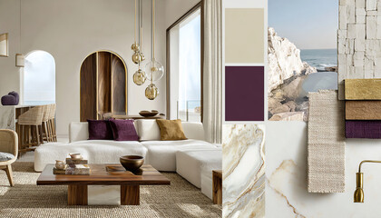 Interior design inspiration with a coastal theme and modern aesthetic. The neutral color palette and natural textures create a calm and elegant seaside ambiance.