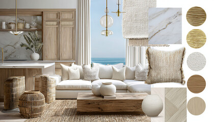 Beach-inspired interior design with a neutral color palette and natural textures. Wood, marble, and light fabrics combine to create a serene and sophisticated ambiance.