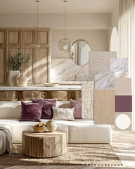 Interior design mood board inspired by the Wabi-Sabi style. Natural textures, a neutral color palette, and shades of lavender and purple create a calm and elegant atmosphere.