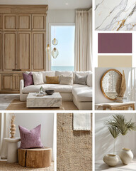 A sophisticated and cozy interior design moodboard with a neutral color palette, touches of lavender, and natural textures, creating a calm and elegant environment.