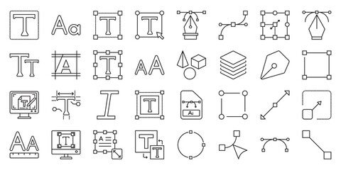 Outlined Type & Vector Font Design Collection set of web icons in line style. outlined font, vector font, font design, outline typeface and outlined type. Vector illustration