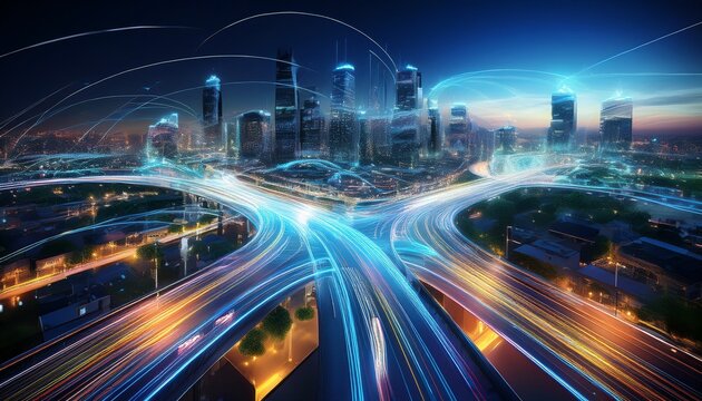 nighttime cityscape view of a smart intersection with futuristic light trails - Powered by Adobe