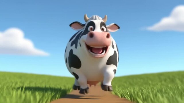 happy cartoon cow character walking on sunny path
