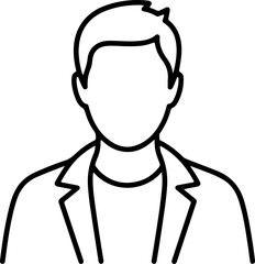 Clean outline icon of a man in a casual jacket with a blank face, a simple and versatile avatar for user profiles, websites, and generic person representations. 