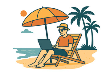 Fototapeta premium An individual unwinds beneath palm trees as they work remotely using their laptop