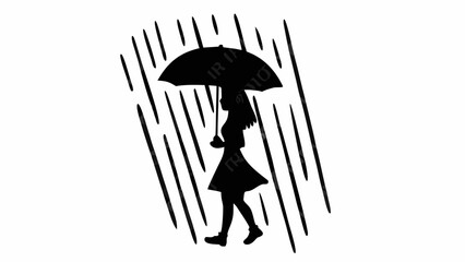Silhouette of a woman walking with an umbrella in the rain depicted with simple black and white lines