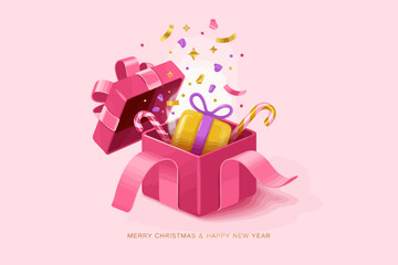 Pink Gift Box Opening with Surprises Christmas and New Year.
