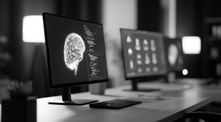 Computer monitor displaying a digital brain model and programming code. Artificial intelligence concept for data processing and machine learning.