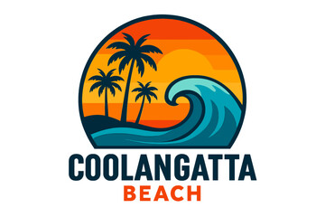 A summer logo featuring a palm tree with a surfer and a sun