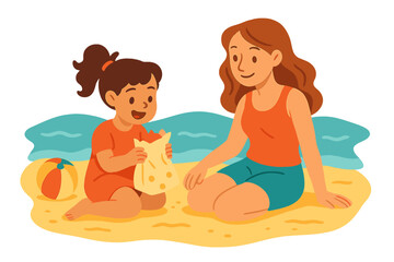 Two kids are kneeling on the beach, happily constructing a sandcastle during their summer break, playing together with vibrant sand toys beneath the warm sunshine