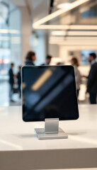 Close-up of a sleek tablet on a stand in a bright, upscale tech store.
