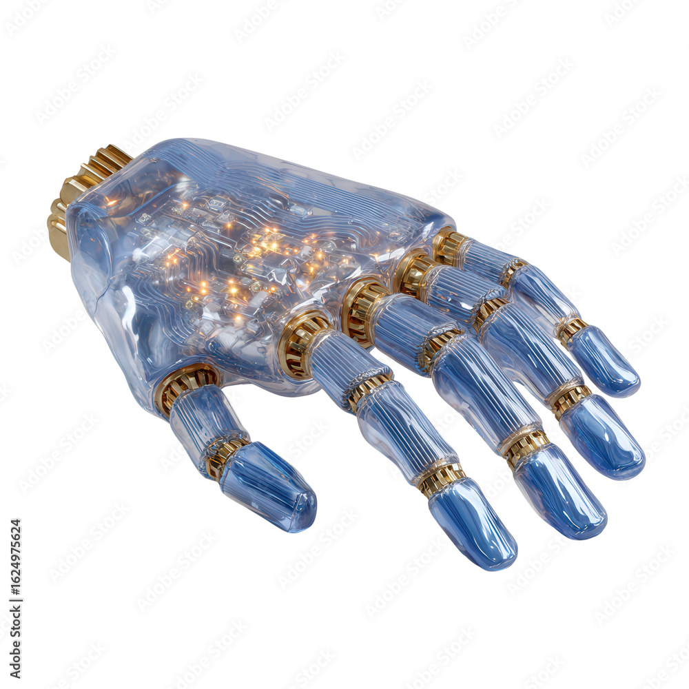 Poster futuristic robotic hand with transparent design and illuminated circuitry for advanced technology co