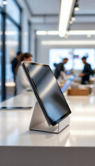 Close-up of a sleek tablet on a stand in a bright, upscale tech store.
