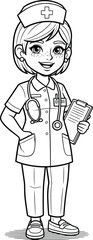 Cartoon drawing of a friendly female nurse with a stethoscope and clipboard. A concept of the healthcare profession and medical service.