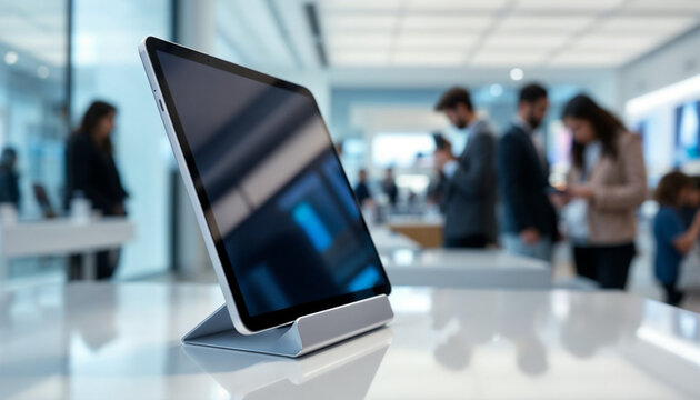Close-up of a sleek tablet on a stand in a bright, upscale tech store.
