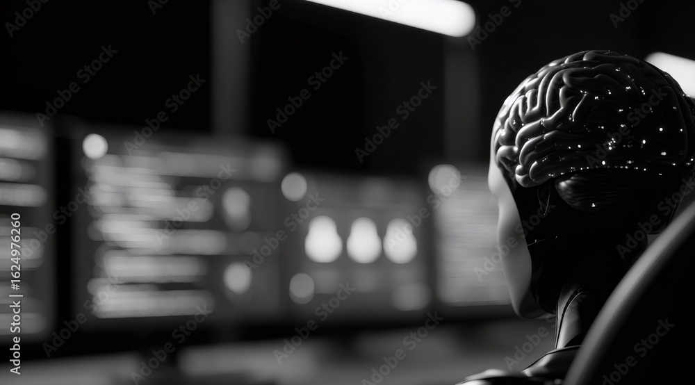 Poster an artificial intelligence robot with a brain looks at digital screens, concept for technology and c
