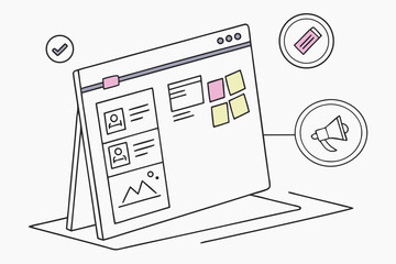 Desktop interface with user profiles, content blocks, megaphone and ticket icons displayed online