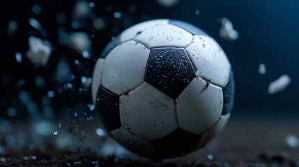Naklejka premium Dynamic Action Shot of a Soccer Ball in Motion with Dust and Debris Flying Around