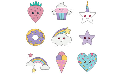 Kawaii Cute Clipart Pastel Food, Rainbow, Star, Cloud, and Technology Vector Icons