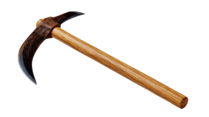 Rustic hand tool for harvesting crops featuring a wooden handle and a curved metal blade, perfect for agriculture work