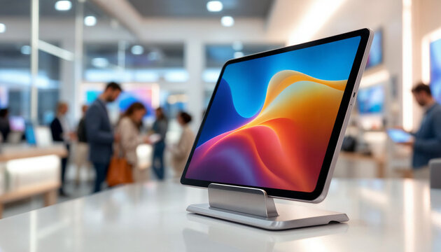 Close-up of a sleek tablet on a stand in a bright, upscale tech store.
- Powered by Adobe