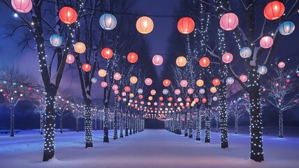A magical winter scene with colorful lanterns and festive lights illuminating a snowy path through trees in a park at night