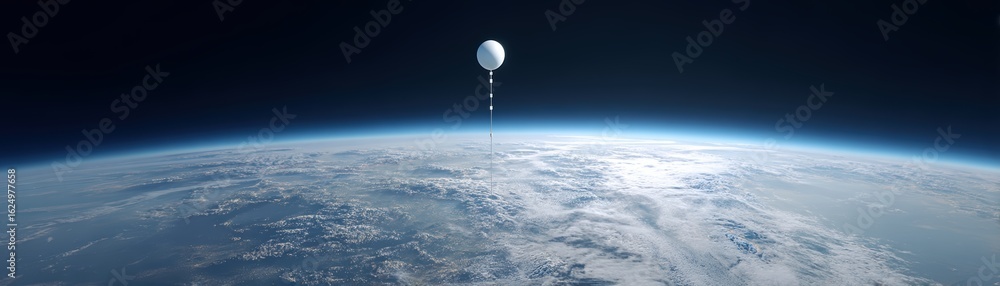 Poster a high-altitude view of earth from space, showcasing a balloon-like object hovering above the planet