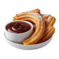Delicious Churros Served with Rich Chocolate Dip in a White Dish on a Bright Background