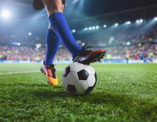 Fototapeta premium Soccer Player with Ball on Stadium Field at Night
