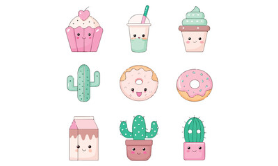 Kawaii Cute Clipart Pastel Food, Rainbow, Star, Cloud, and Technology Vector Icons