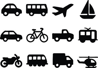 Transport and Movement Silhouettes Vector – Vehicles and Human Action Icons – Car, Bus, Bicycle, Motorcycle, Truck, Plane, Helicopter, Boat, Running People, Sports Pose – Editable Black Silhouette Set