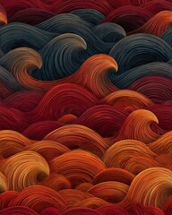 Fototapeta premium Red and Gold Thai Wave Pattern with Flame-Like Curls