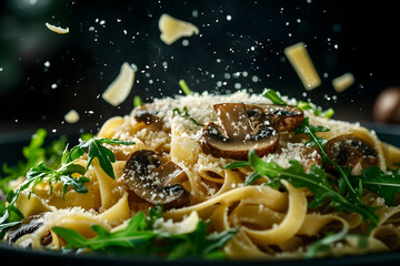 Gourmet tagliatelle pasta with mushrooms and arugula topped with cheese for culinary delights