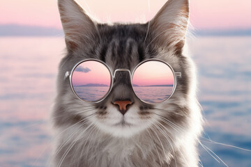 Cool cat in sunglasses on vacation at sea at sunset.