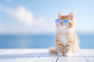A ginger kitten wearing sunglasses sits on a wooden pier on the beach.