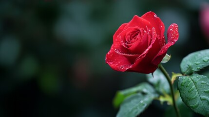 Red Rose with Water Droplets on Petals Surrounded by Green Leaves in a Soft Focus Background