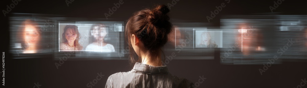 Poster a person observes multiple floating images, suggesting themes of memory, technology, and reflection 