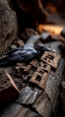 Obraz premium Raven rests upon ancient script ruins