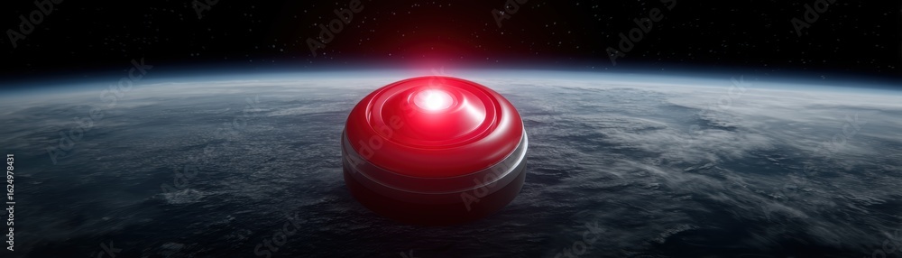 Poster a red alert button floating above earth, illuminated on the backdrop of space, creating a striking v