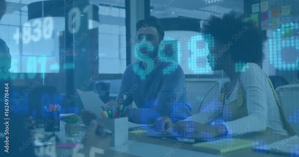 Poster man scanning report activating translucent data overlay while woman noting data for finance review
