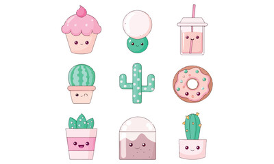 Kawaii Cute Clipart Pastel Food, Rainbow, Star, Cloud, and Technology Vector Icons