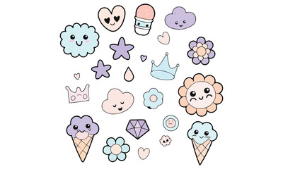 Kawaii Cute Clipart Pastel Food, Rainbow, Star, Cloud, and Technology Vector Icons