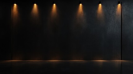Dark, modern, minimalist space illuminated by spotlights