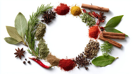 Aromatic circle frame composition of spices and herbs for culinary design, isolated on transparent background