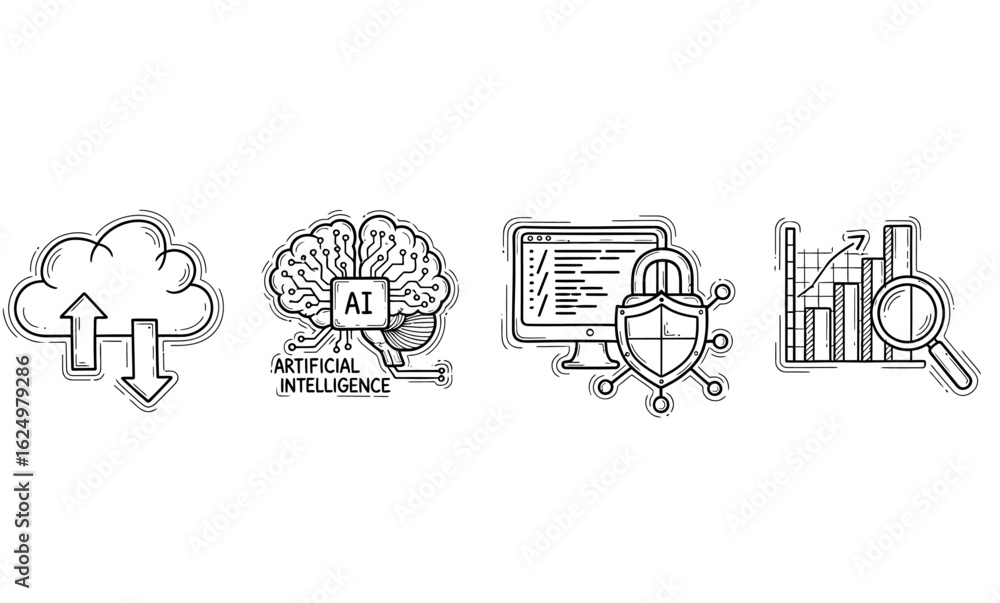 Poster illustration of cloud computing, ai brain, computer security, and data analysis on a white backgroun