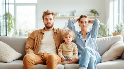 Obraz premium Family of three poses naturally on a soft sofa in bright home interior. The warm tones and body language convey comfort, connection, and a serene domestic lifestyle.