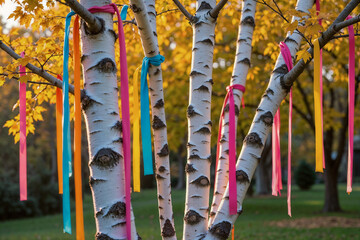 Festive birch trees decorated with colorful ribbons during a community celebration in autumn
