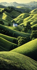 Obraz premium White church on a vibrant green hillside surrounded by lush trees and rolling terrain chapel