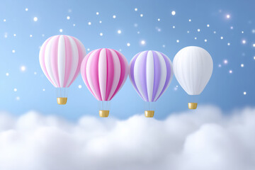 Colorful hot air balloons floating above fluffy clouds in a bright blue sky with soft sunlight